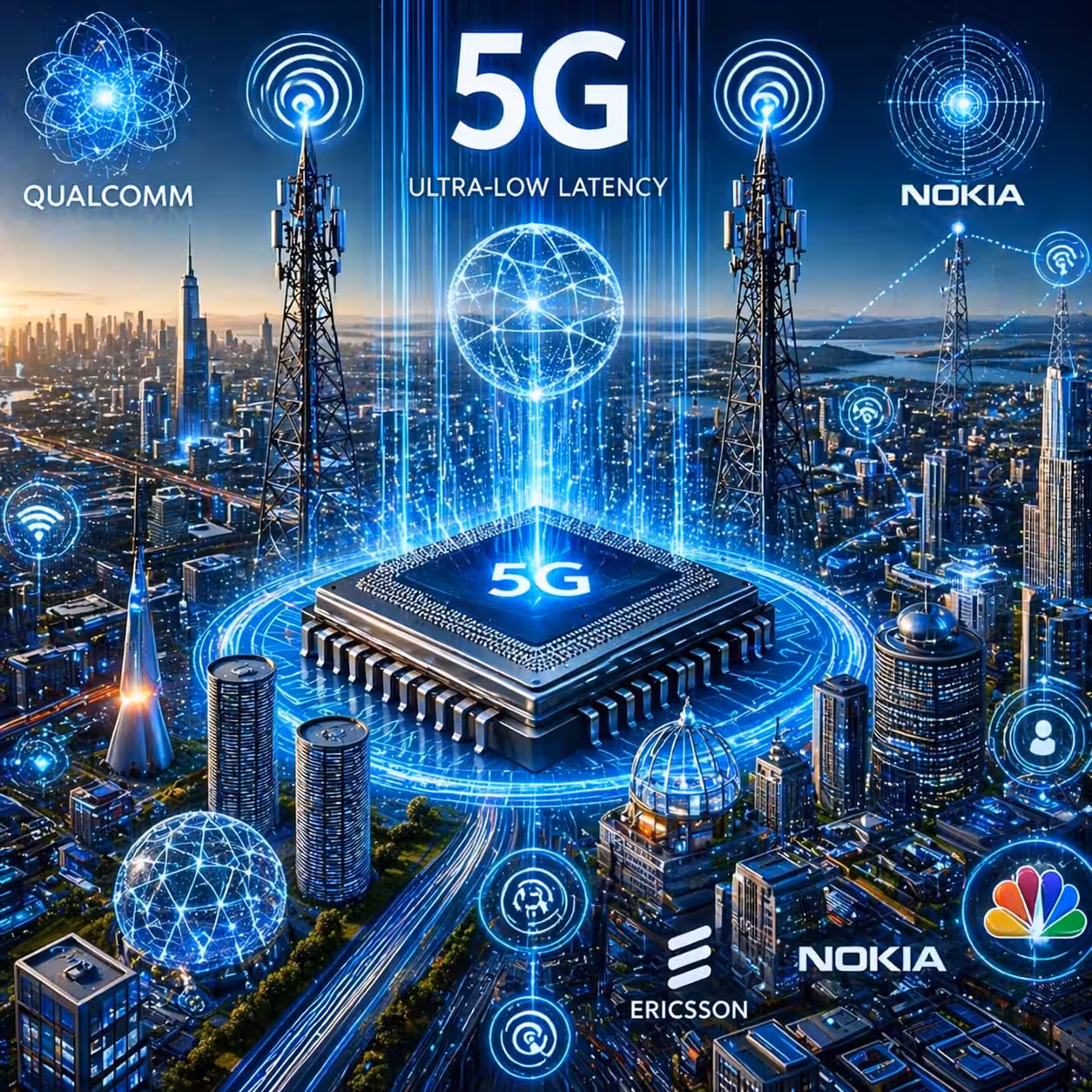 Advanced 5G network infrastructure with telecom towers, semiconductor chip, and digital connectivity visuals representing emerging wireless technology sectors.