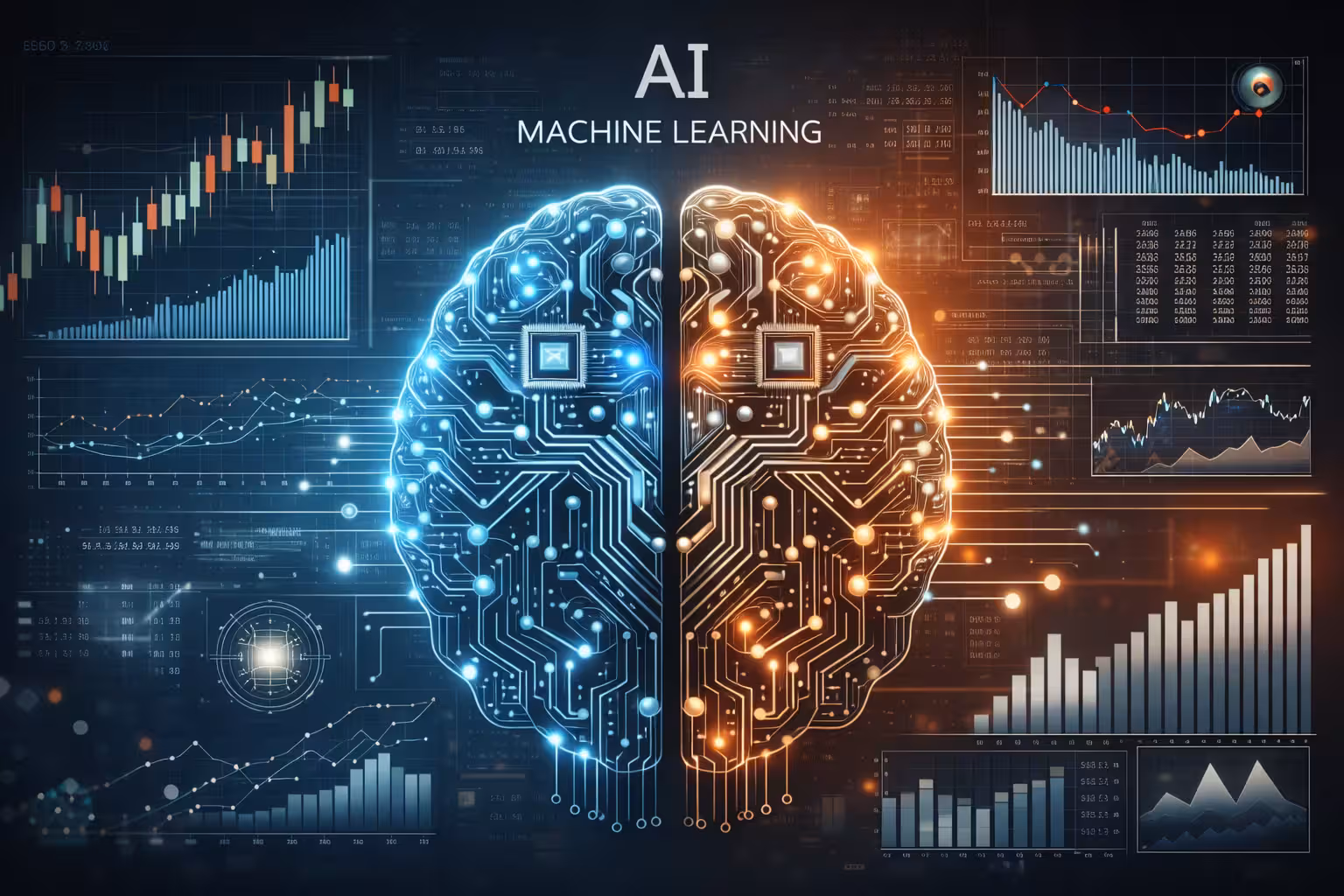 AI and machine learning concept with digital brain circuitry and financial data charts on a technology dashboard.