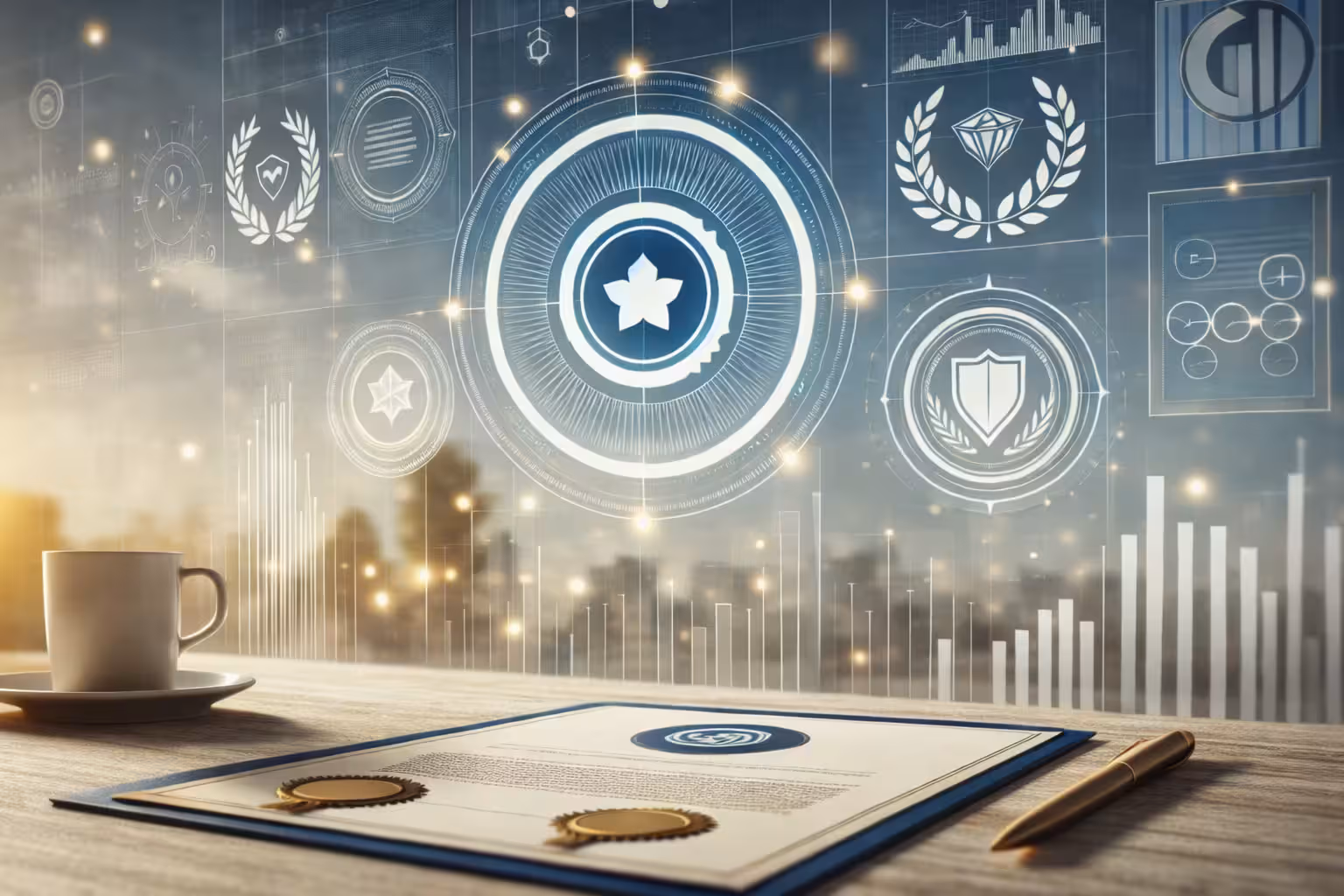 Accreditation and reputation concept with certified diploma, gold seals, and trust badges over financial charts and city skyline background.