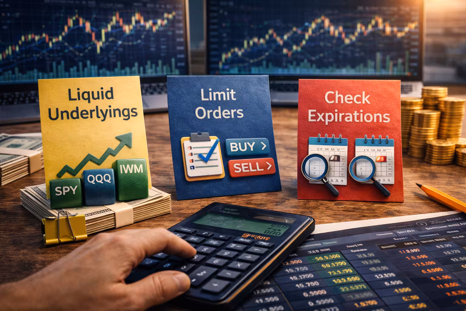 A photorealistic widescreen image of a trading desk illustrating advanced options liquidity tactics, with charts, trading tools, and visual cues representing execution precision and liquidity management.