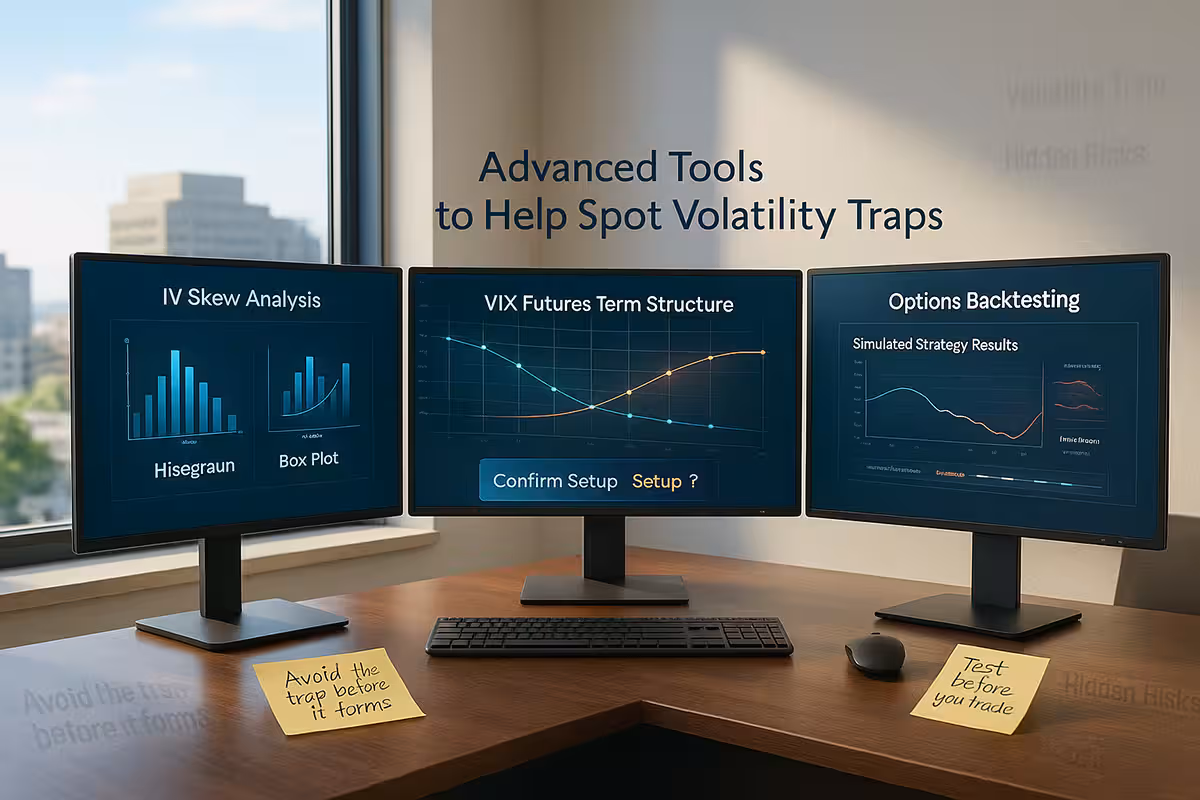 A widescreen photorealistic digital image of a modern trading desk with three curved monitors displaying advanced tools used to detect volatility traps. The left monitor shows a glowing histogram and box plot labeled “IV Skew Analysis.” The center monitor displays a 3D line chart titled “VIX Futures Term Structure” with labeled expiration points and a shifting curve. The right monitor shows an options backtesting interface titled “Simulated Strategy Results” with a timeline and highlighted risk zones. Sticky notes on the desk read “Avoid the Trap Before It Forms” and “Test Before You Trade.” A large window behind the desk lets in natural daylight, casting a warm, positive glow across the room. The environment feels clean, optimistic, and data-focused, emphasizing proactive trading.