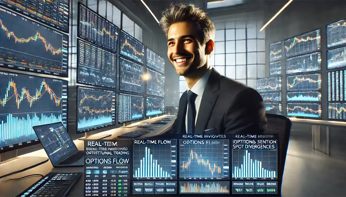 A man in a suit smiles confidently while seated in front of multiple computer screens displaying complex stock market data and graphs, suggesting a dynamic, high-tech trading environment in order to sport bullish and bearish divergences.