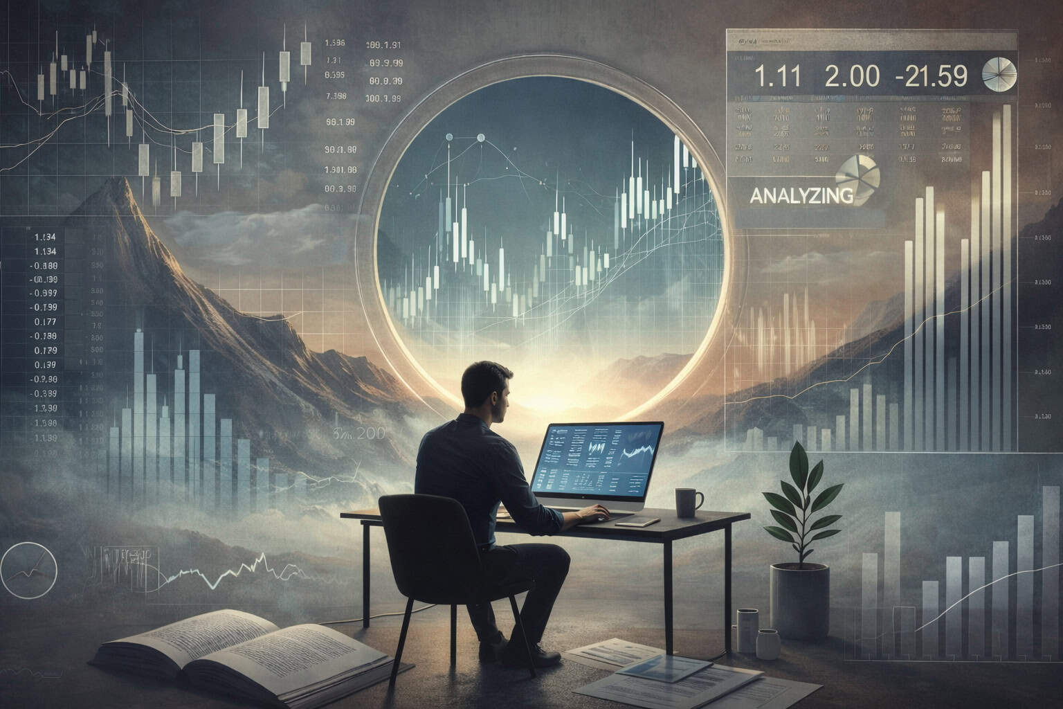 Man analyzing stock market data on a desktop computer in a modern office with mountain view and financial charts overlay.