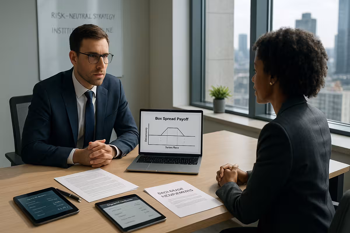 A photorealistic scene in a modern office where a financial advisor in a navy suit sits across from a client in a dark blazer. Between them, a laptop displays a 'Box Spread Payoff' chart, while printed documents labeled 'Brokerage Requirements' and digital tablets with financial data are spread out on the desk. Large windows reveal a city skyline in the background, and a whiteboard behind them reads 'Risk-Neutral Strategy' and 'Institutional Use,' conveying a serious and professional financial planning session.