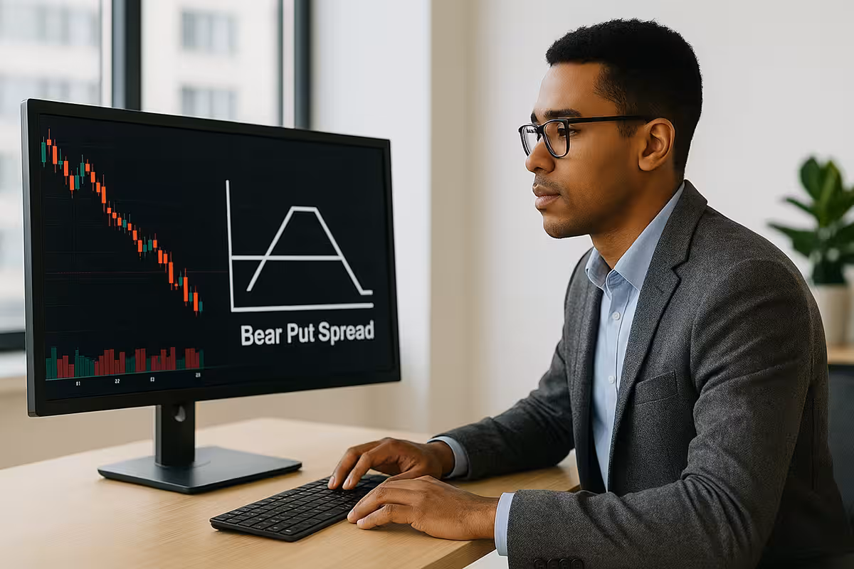 Mixed-race trader studies Bear Put Spread chart on widescreen monitor in modern office with city views.