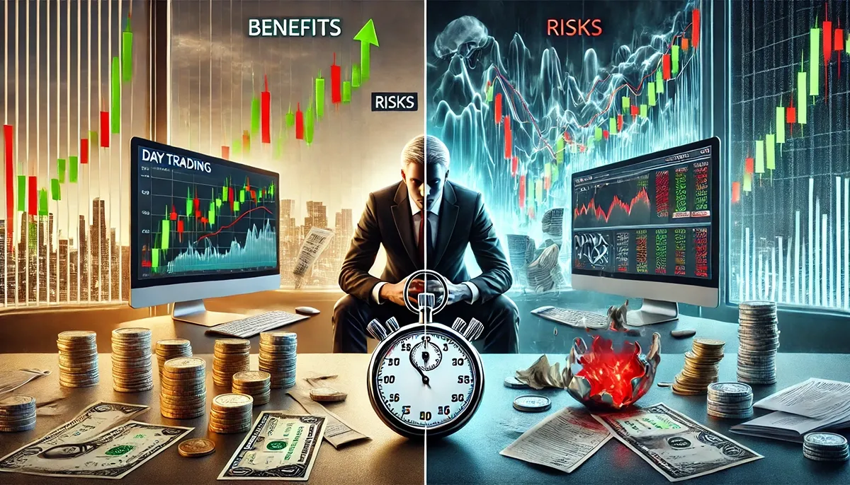 A hyper-realistic featured image contrasting the benefits and risks of day trading options. On the left side, show benefits with a realistic upward-trending stock chart on a computer screen, a stopwatch on a polished desk symbolizing quick decision-making, and a stack of coins and banknotes representing lower capital investment. On the right side, depict risks with a stressed trader in a professional office setting, surrounded by fluctuating graphs on multiple monitors, a visible receipt pile for transaction costs, and a distorted, melting clock symbolizing time decay. Use realistic lighting, soft shadows, and a professional color scheme blending green for benefits and red for risks for a polished and engaging design.