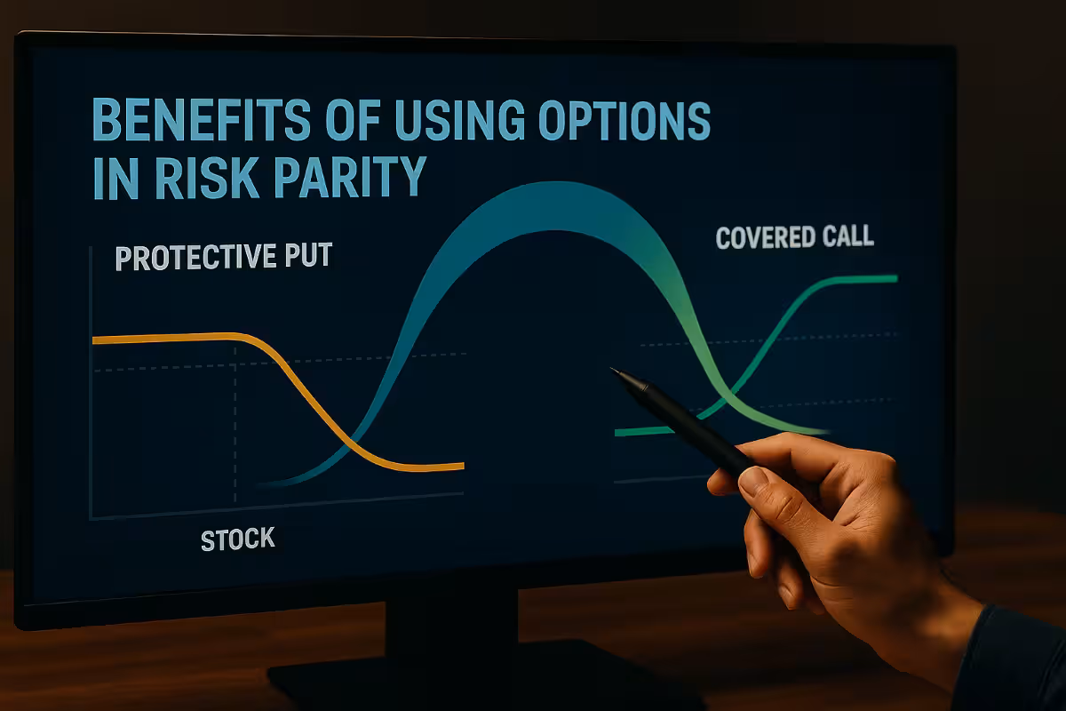 A photorealistic widescreen monitor displays protective put and covered call payoff curves, illustrating the benefits of using options in risk parity as a hand points with a stylus.