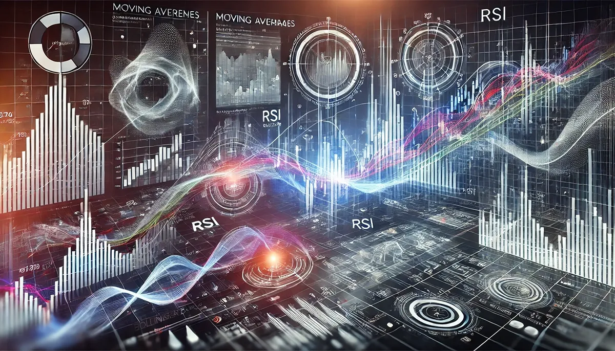An abstract digital artwork symbolizing the use of technical indicators in options trading. The image features futuristic, glowing financial charts with various mathematical indicators like moving averages, RSI, and Bollinger Bands seamlessly integrated into the design. The background has a sleek, high-tech aesthetic with abstract waveforms and digital grid elements to represent market analysis. The composition conveys the complexity and precision of professional trading strategies in a visually engaging way.