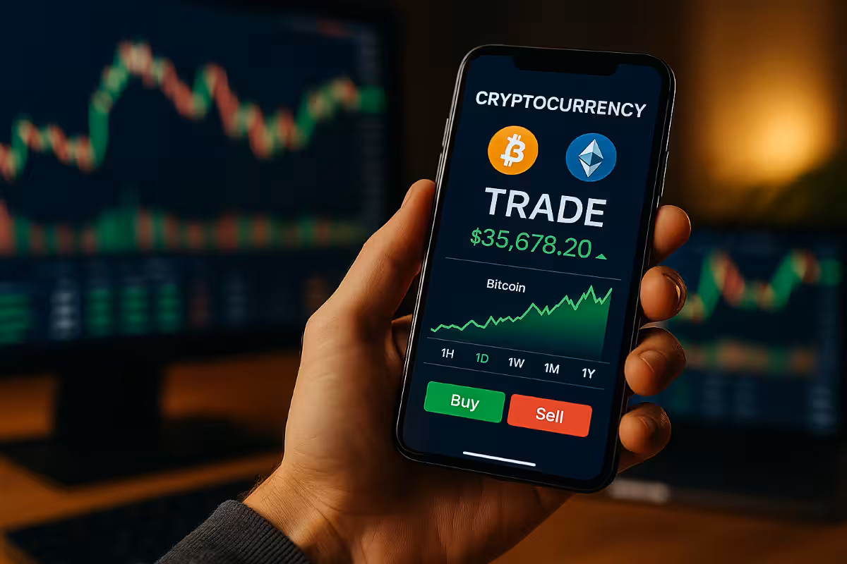 Photorealistic image of a person holding a smartphone showing a cryptocurrency trading app with Bitcoin and Ethereum charts, symbolizing top crypto trading platforms.