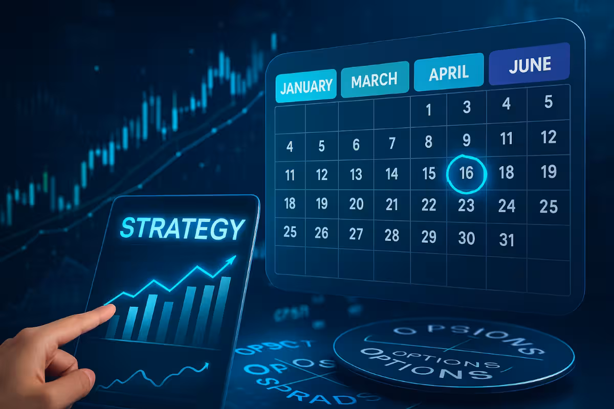 Modern photorealistic image showing a digital calendar with highlighted months next to stock charts, representing month-specific options trading strategies.