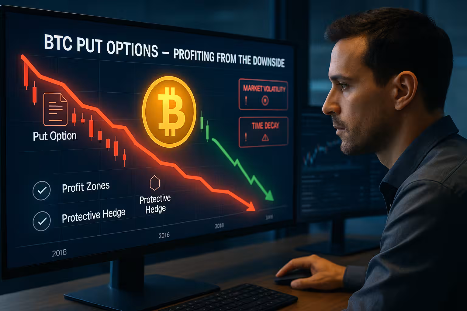 A highly realistic digital illustration of a glowing Bitcoin symbol descending along a downward-sloping chart labeled “BTC Put Options – Profiting from the Downside.” A focused male trader, with short dark brown hair and wearing a button-down business casual shirt, intently analyzes the screen in a sleek modern trading office. The chart features red candlestick patterns and downward-pointing arrows emphasizing the market decline. Floating icons represent key elements such as a put option contract, profit zones, and protective hedge strategies. Subtle warnings in the background include “Market Volatility” and “Time Decay.” To the side, a secondary monitor shows comparison charts of recent Bitcoin drops and the trader’s projected gains. The atmosphere is calculated and strategic, with cool-toned lighting and a digitally immersive background, highlighting the analytical approach to profiting from bearish trends using Bitcoin puts.