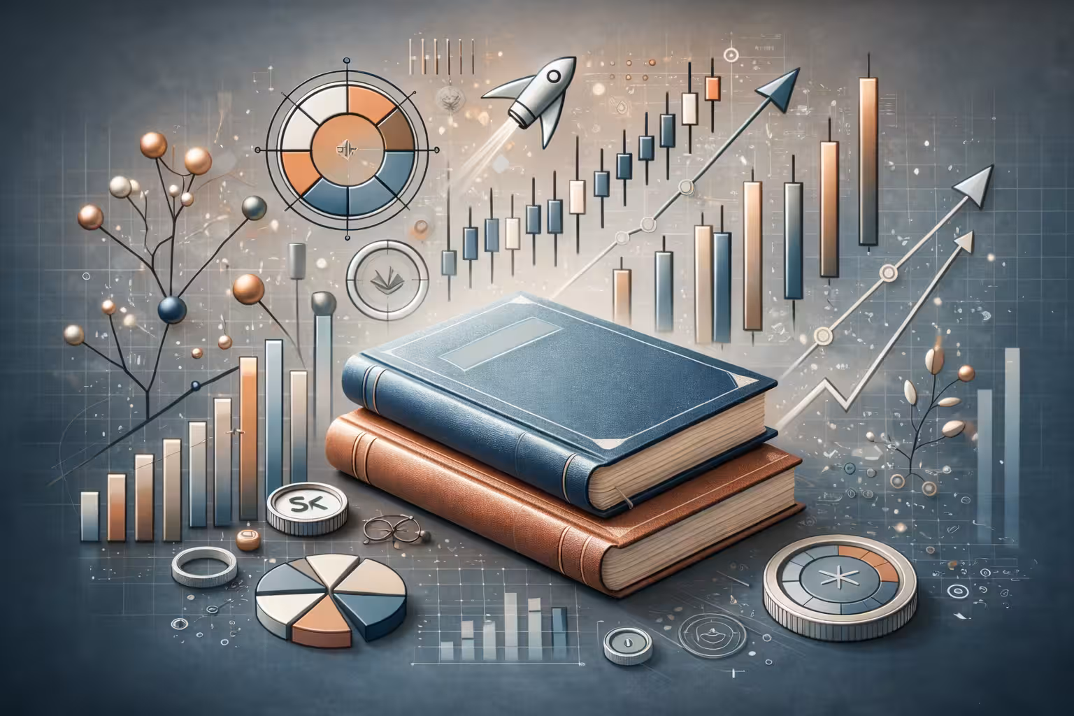 Stack of hardcover books surrounded by stock market charts, bar graphs, and financial growth indicators.