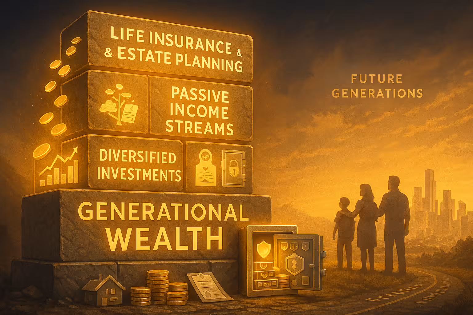 A highly realistic digital illustration of a strong stone foundation labeled “Generational Wealth,” with four large glowing blocks stacked above it. Each block is inscribed with a financial pillar and illustrated with symbolic visuals: “Diversified Investments” includes stock charts and real estate icons. “Passive Income Streams” features flowing golden coins and a tree with money symbols. “Life Insurance & Estate Planning” shows a family tree surrounded by insurance documents. “Asset Protection” includes icons of locked safes and legal shields. To the side of the foundation, an open golden vault contains assets like houses, coins, and secure documents. In the background, a silhouetted family stands together, gazing at a rising futuristic skyline labeled “Future Generations.” The golden-lit path in front of them is etched with guiding principles, symbolizing long-term vision, financial security, and legacy building. The atmosphere is empowering and strategic.