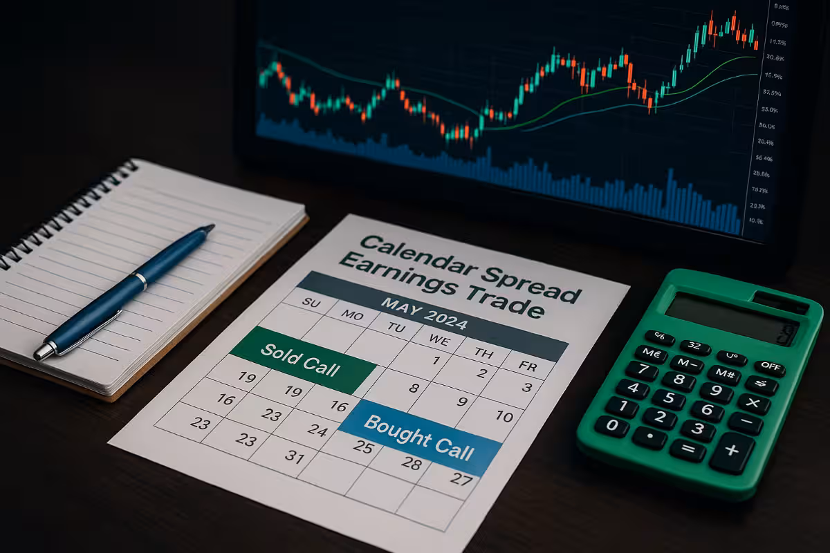 Photorealistic image of a trader’s workspace showing options data, volatility charts, and an earnings calendar, representing the step-by-step process of building a calendar spread earnings trade.