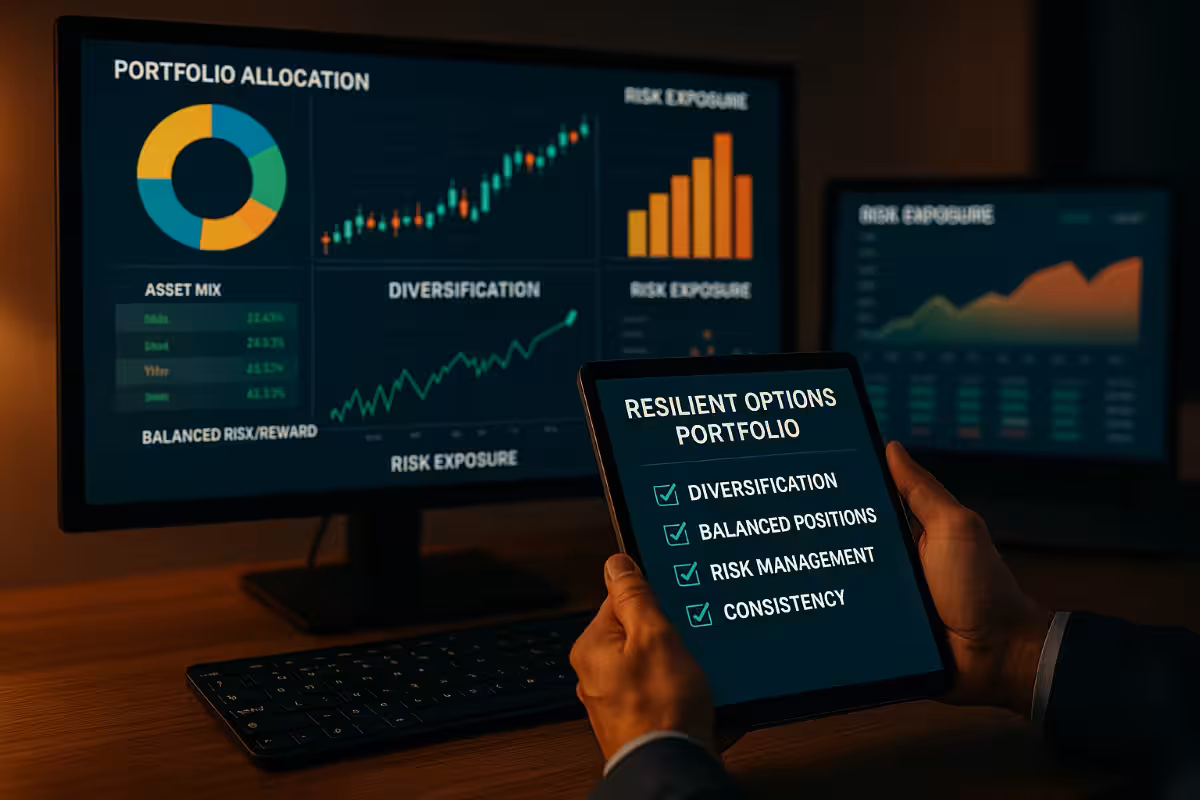 Photorealistic image of a trading desk with a large monitor displaying portfolio allocation charts, diversification graphs, and risk exposure bars, while a person holds a tablet showing a checklist titled ‘Resilient Options Portfolio’ with items like diversification, balanced positions, risk management, and consistency checked off, symbolizing building a resilient options portfolio structure.