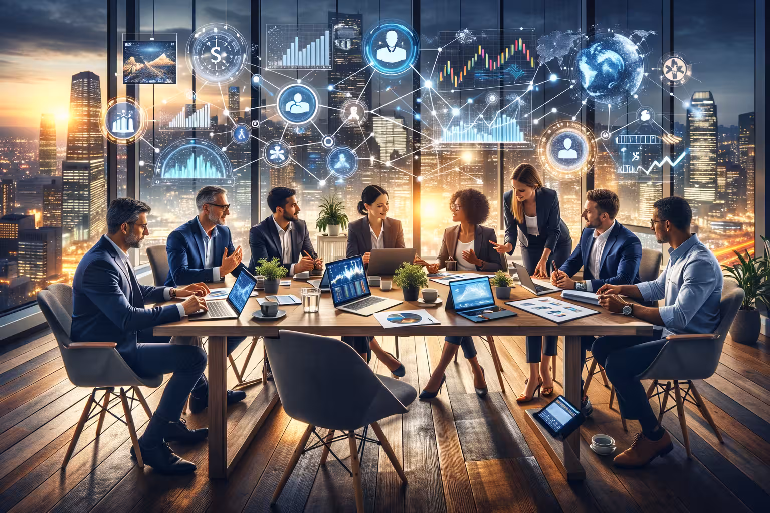 Diverse group of business professionals networking around a conference table in a modern high-rise office, collaborating with laptops and financial charts against a city skyline at sunset.