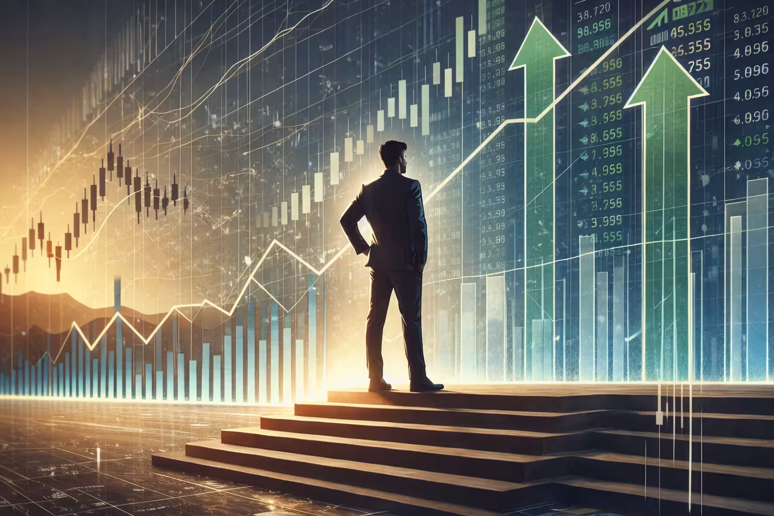 Businessman standing before rising stock market charts and upward arrows, symbolizing financial growth and bullish market trends.