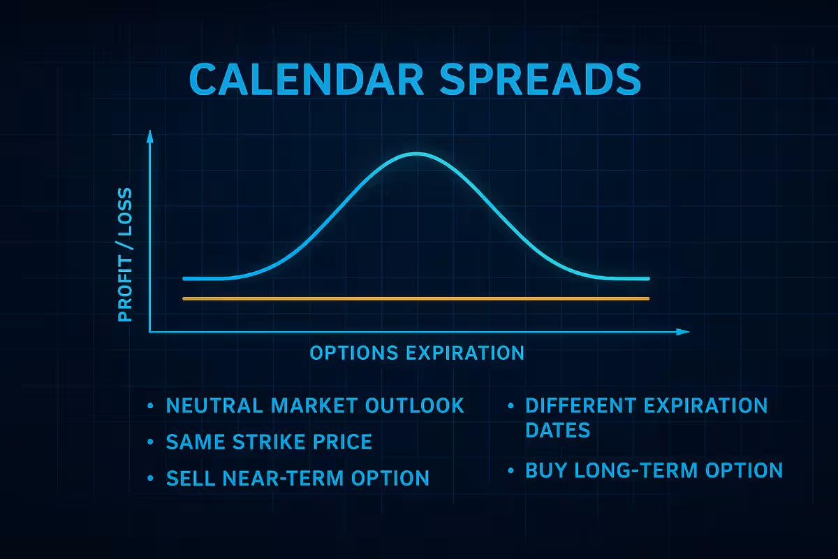 Photorealistic image of a calendar spread profit and loss chart displaying two expiration dates at one strike price, symbolizing time decay and precision in options trading.