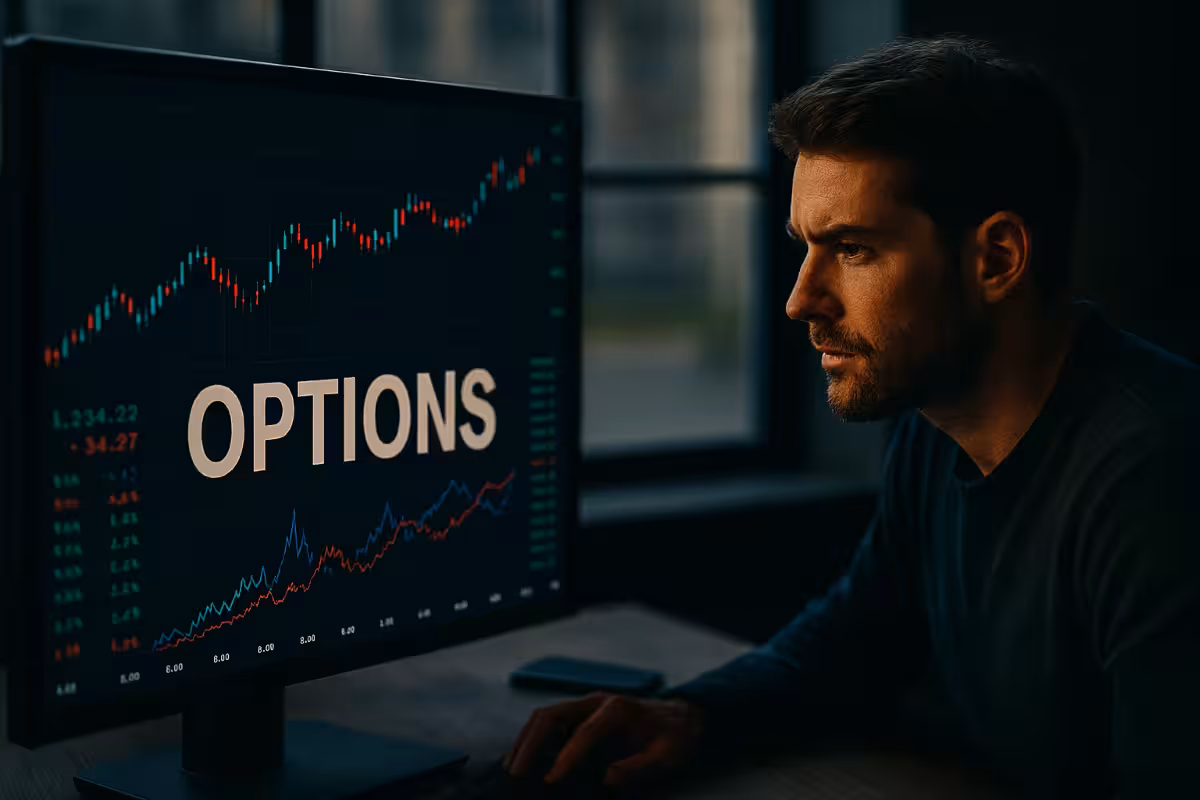 A photorealistic widescreen image of a casually dressed male trader analyzing options data on a glowing monitor in a dim, cinematic workspace with large industrial windows.
