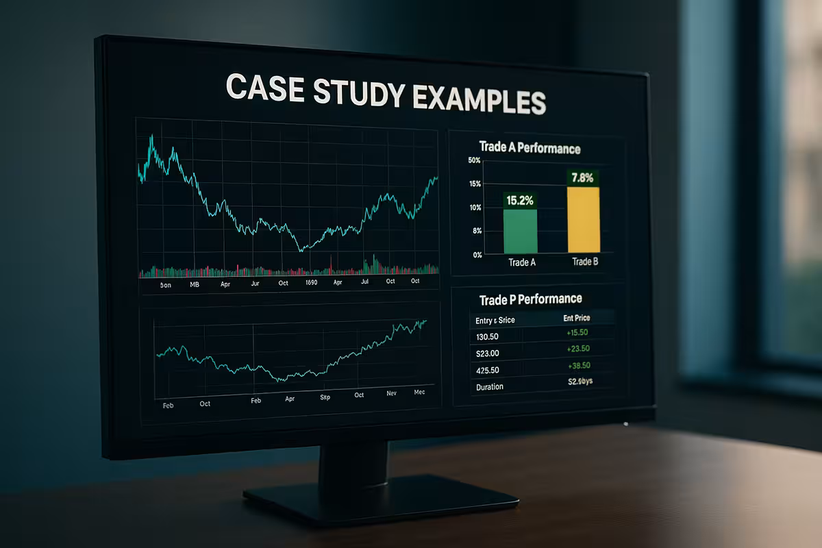 High-resolution photorealistic image of a widescreen monitor showing detailed case study examples with trading graphs, performance charts, and financial data.