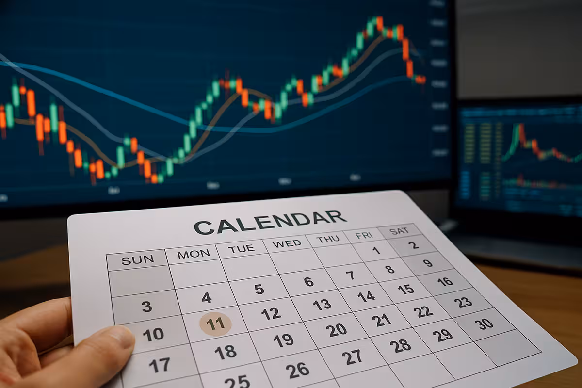 Photorealistic image showing a close-up of a calendar with a highlighted date and trading charts in the background, symbolizing choosing the right expiration dates for tech stock options.