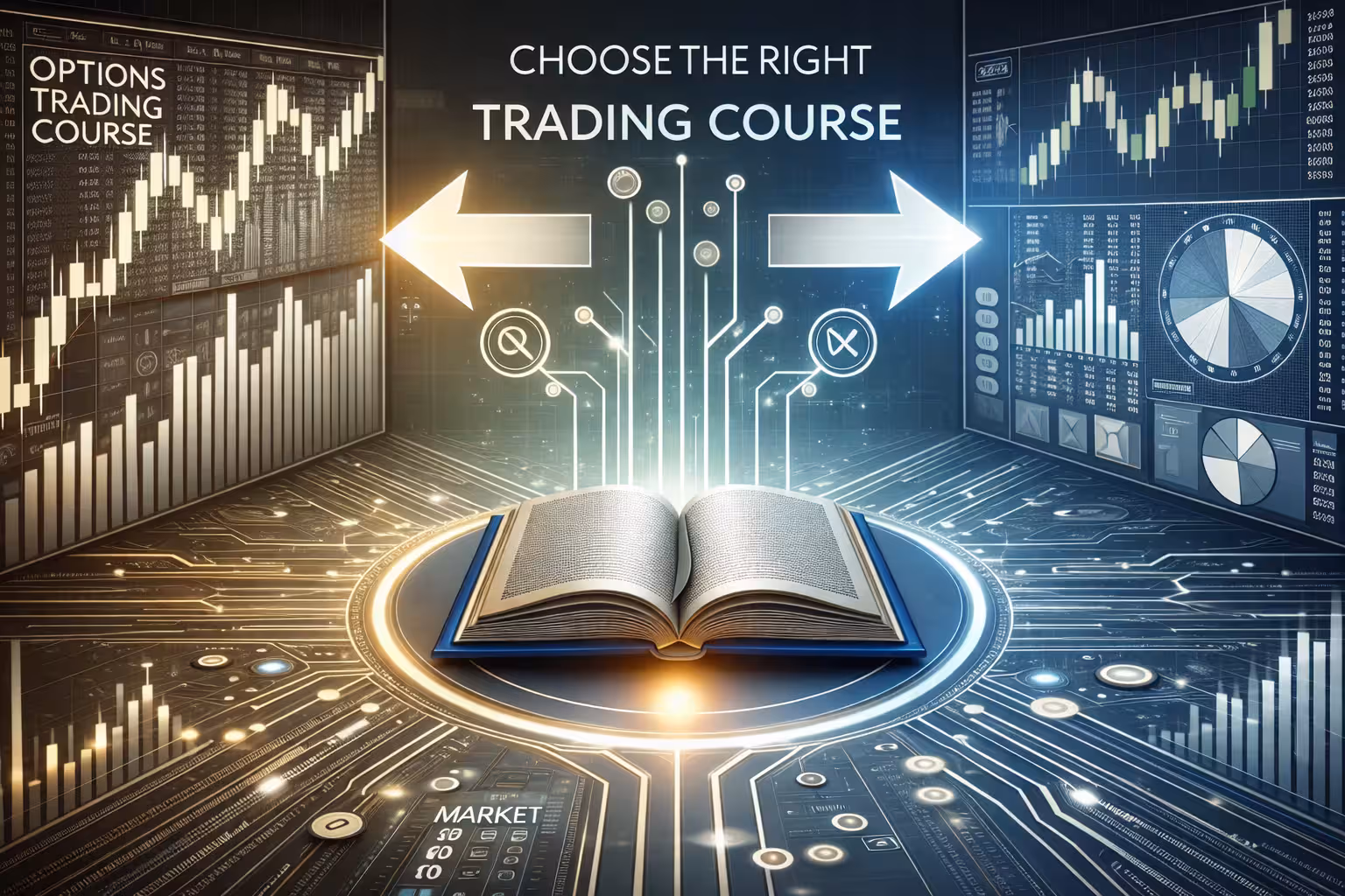 Accreditation and reputation concept with open book, quality badges, and financial charts highlighting trusted options trading course selection.