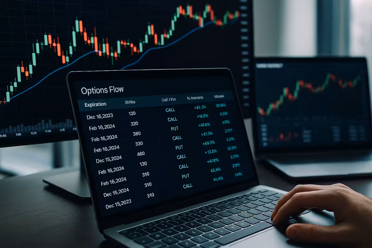 Laptop showing options flow data alongside monitors with candlestick charts and open interest graphs in a modern trading setup.