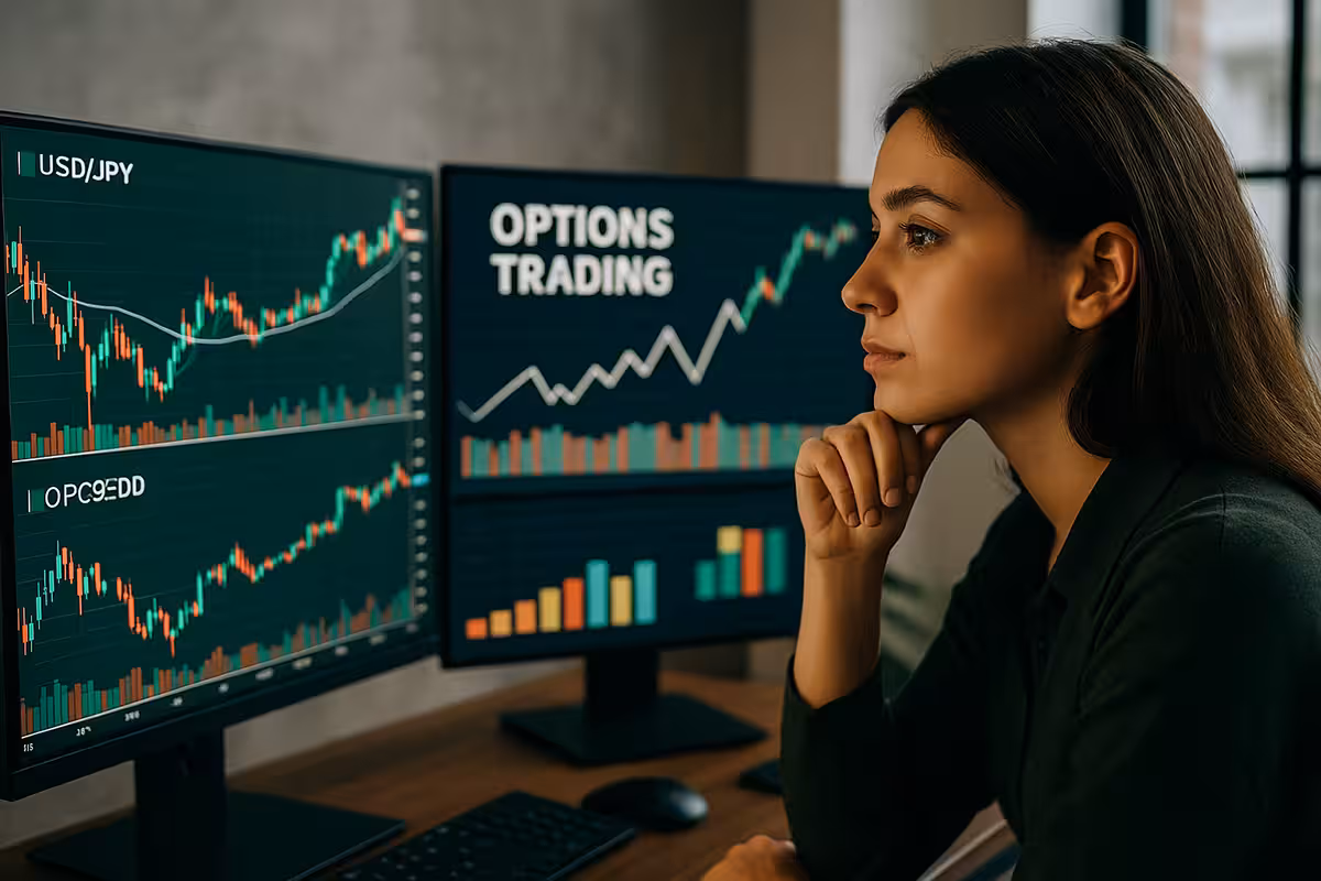 Photorealistic widescreen image of a young female trader at a modern office desk with three large monitors displaying forex and options trading charts, symbolizing the integration of forex and options for maximum leverage.