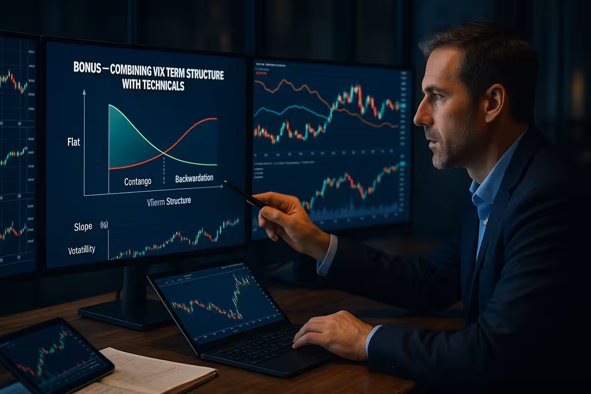 Analyst examines VIX term structure and technical charts across multiple monitors, pointing to contango and backwardation curves while surrounded by trading data.