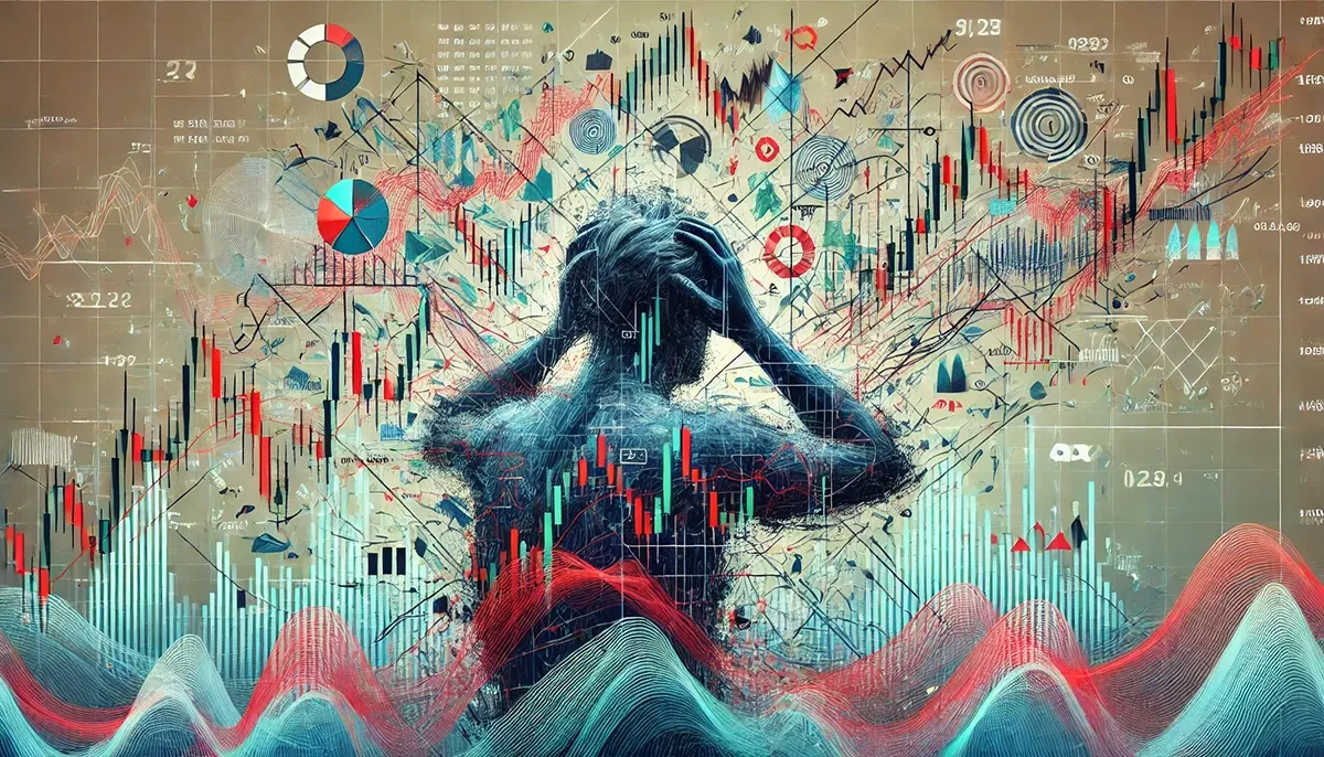 An abstract digital illustration symbolizing trading mistakes with indicators. The image features a chaotic mix of overlapping stock charts, confusing signals, and tangled trend lines. The background represents market volatility with fluctuating waves and erratic movement. A subtle representation of a trader in distress, looking overwhelmed by excessive information, is blended into the composition. The color palette includes contrasting shades of red, blue, and green to signify uncertainty and misinterpretation in technical analysis.
