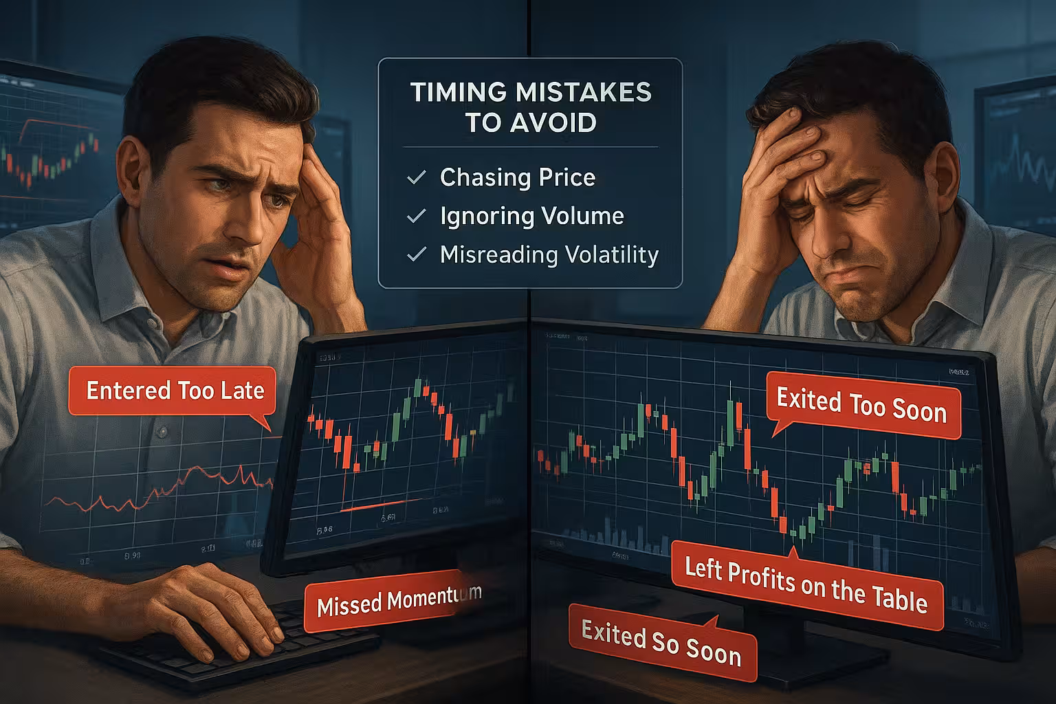 A highly realistic digital illustration split into two panels, showing the emotional and financial consequences of poor trade timing decisions. On the left panel, a stressed-out male trader with light skin and short dark hair stares at his screen, realizing a poorly timed entry. His monitor shows a candlestick chart with a sharp drop right after his trade, marked with glowing red labels reading “Entered Too Late” and “Missed Momentum.” His facial expression conveys worry and regret. On the right panel, the same trader appears frustrated and disappointed after exiting a trade too early. The screen shows a chart where the price surges right after his exit, labeled “Exited Too Soon” and “Left Profits on the Table.” His hand is on his forehead, eyes closed in dismay. Between the two panels floats a semi-transparent digital checklist titled “Timing Mistakes to Avoid,” listing: “Chasing Price,” “Ignoring Volume,” and “Misreading Volatility.” The environment is a modern trading desk setup, dimly lit to enhance the glow of the monitors and create a focused, instructional mood. The tone is analytical and reflective, emphasizing the importance of improving timing to enhance trade performance.