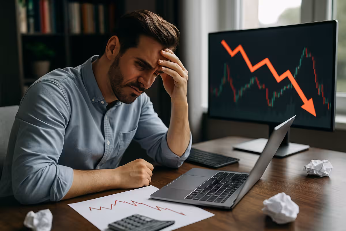 A frustrated trader at a desk with multiple monitors showing volatile charts and notes reminding to avoid common mistakes.
