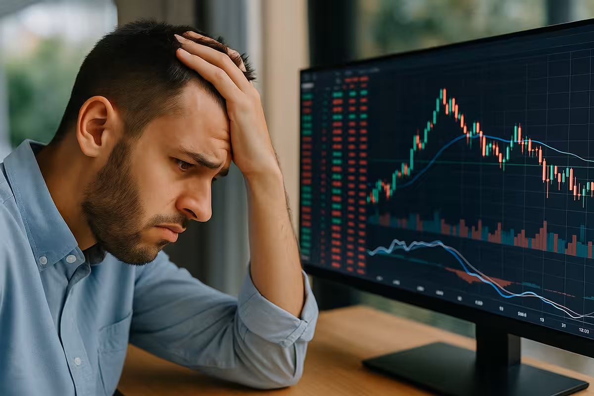 Photorealistic image of a young trader in a modern office analyzing financial charts on a widescreen monitor, representing common mistakes to avoid in options trading.