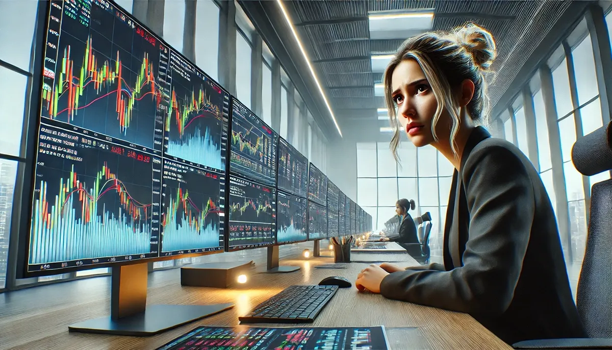 A highly realistic digital image of a female trader in a modern trading office, looking worried as she analyzes RSI divergence charts on multiple monitors. The image is zoomed out to show her workspace, including financial graphs, a trading desk, and market data screens. The atmosphere reflects a high-stakes trading environment with natural lighting and a professional setting.