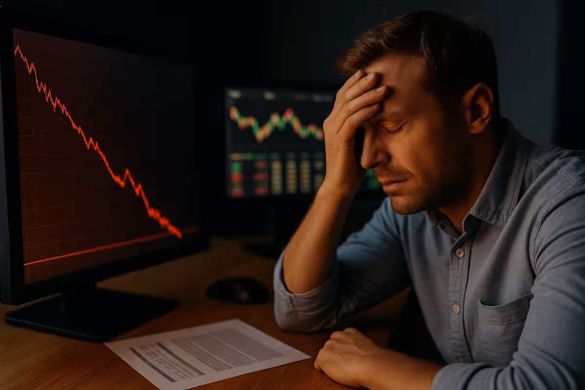 Photorealistic image of a stressed trader reacting to falling charts on multiple monitors, representing common mistakes and emotional challenges beginners face in trading.