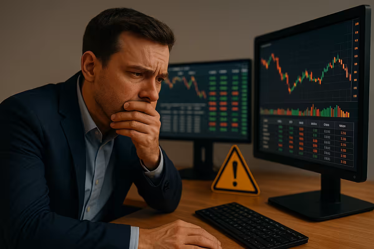 Photorealistic image of a worried trader analyzing falling stock charts with a warning sign on the desk, representing common pitfalls and mistakes beginners should avoid in trading.