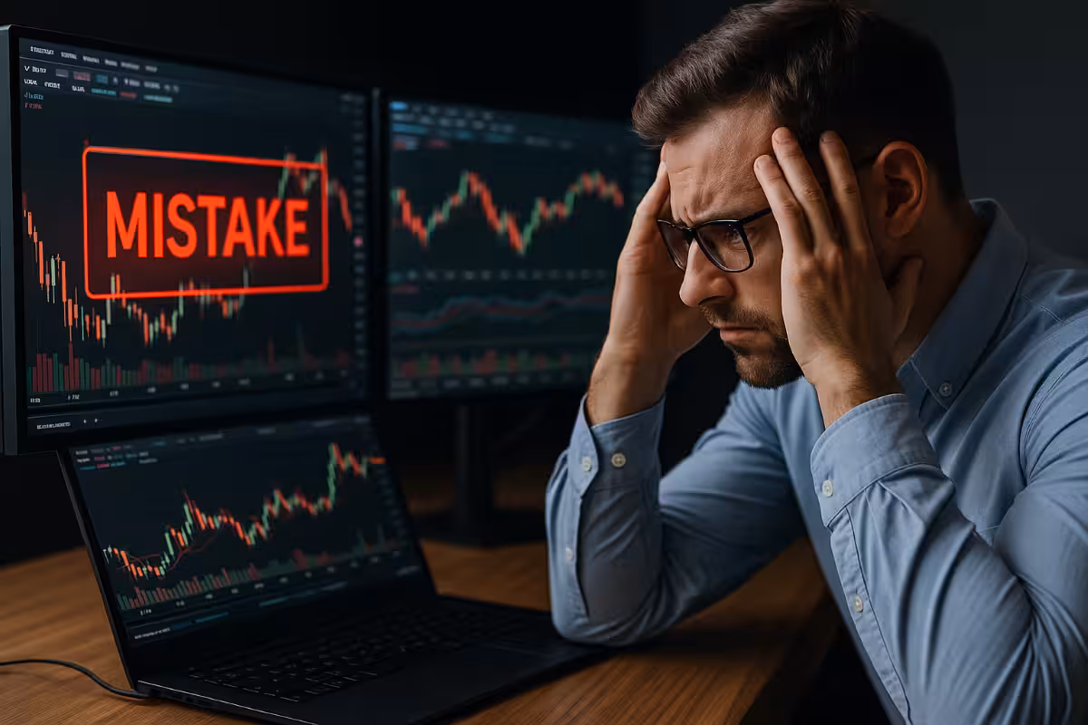 Stressed trader at desk surrounded by charts and screens, symbolizing common mistakes when misusing IV Percentile in options trading.