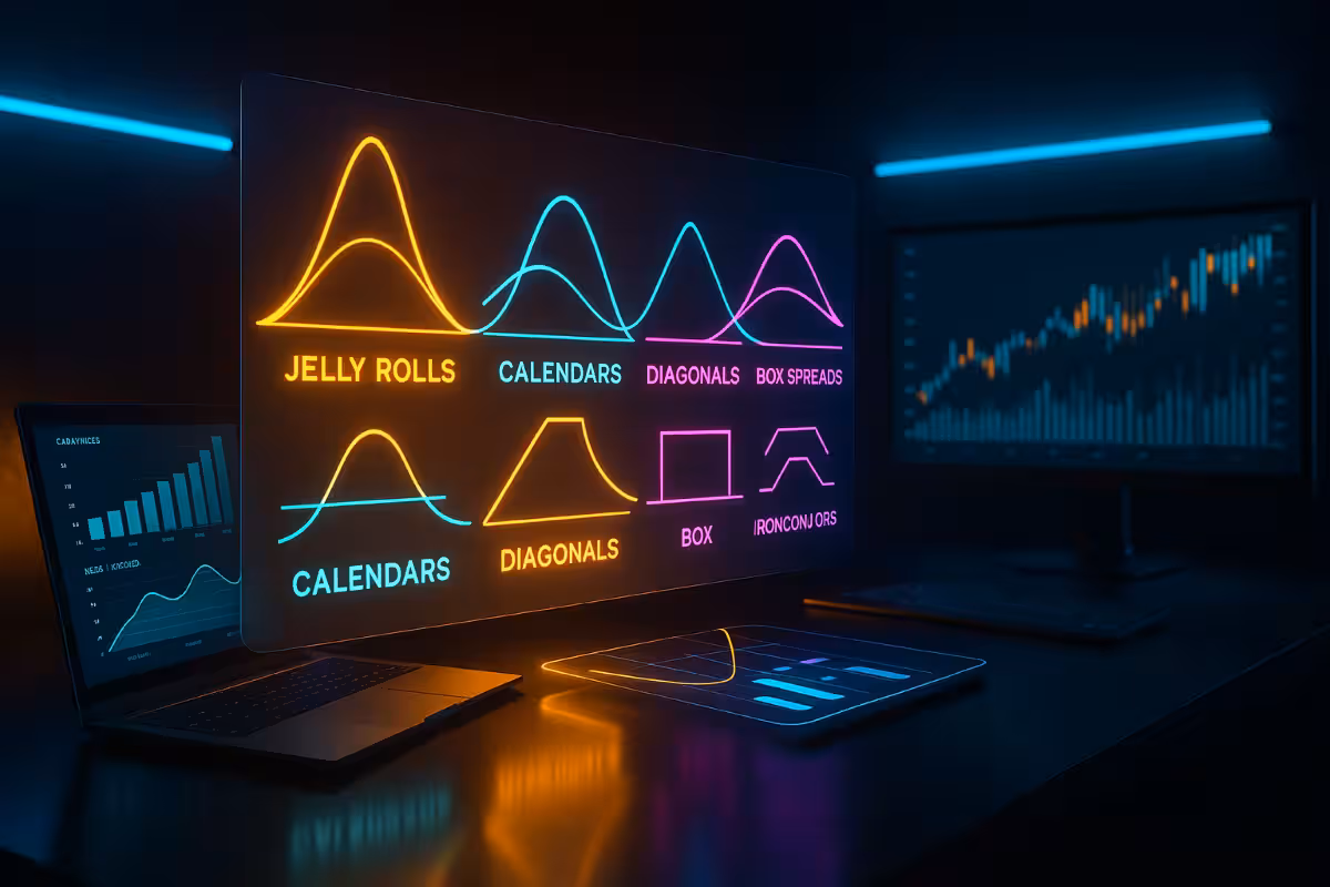 Photorealistic image of a trading desk with glowing holographic charts comparing different neutral carry trades.