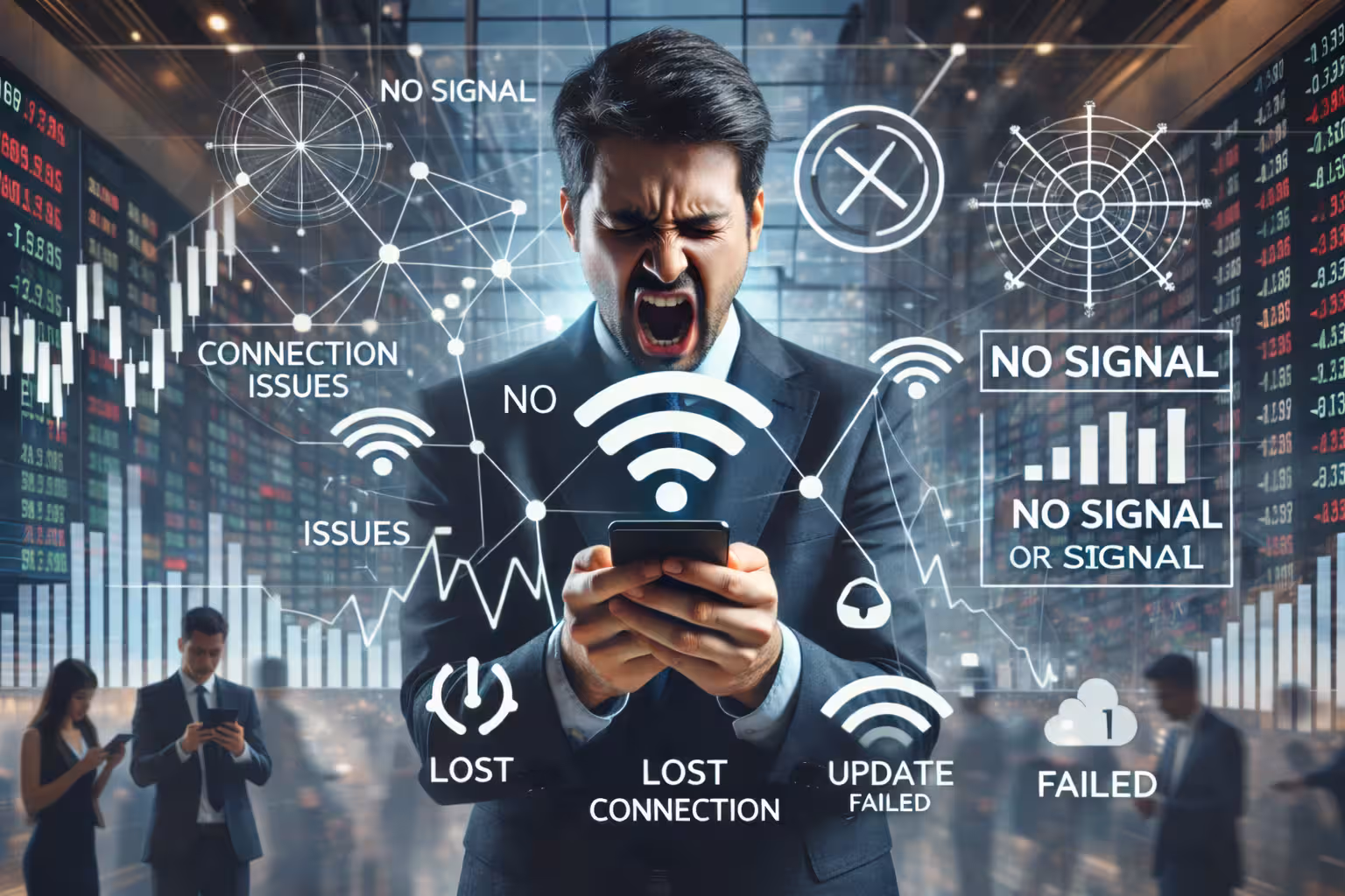 Frustrated trader experiencing mobile trading connectivity issues with no signal and lost connection indicators in a stock market environment.