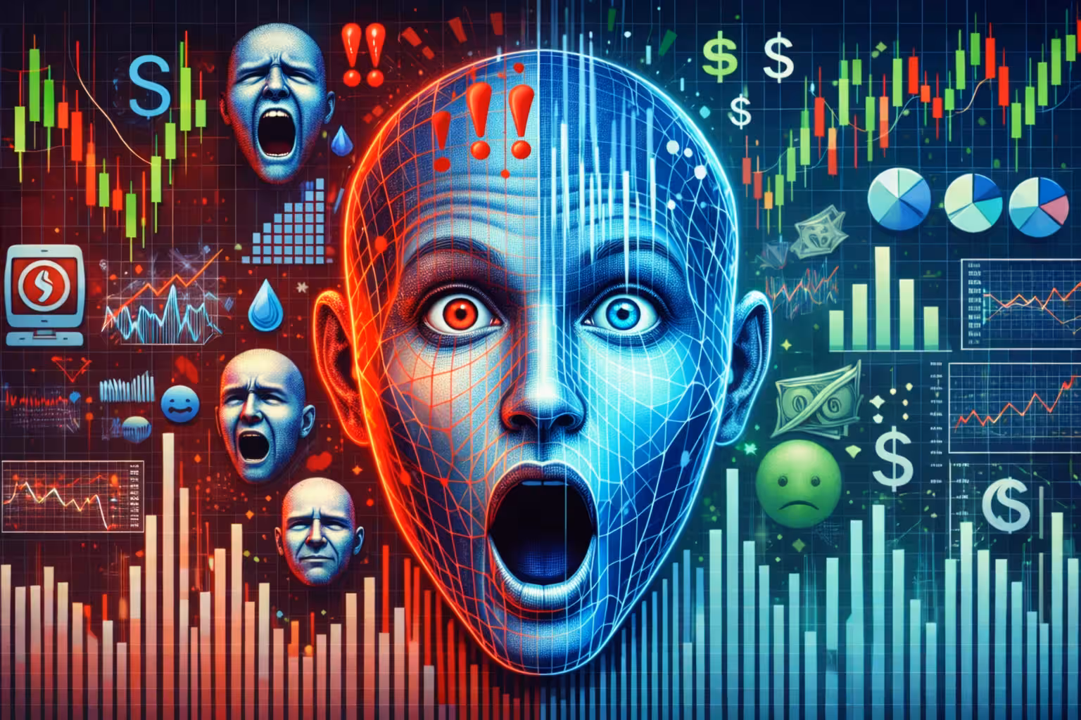 Cybernetic human face split red and blue with emotional expressions, surrounded by stock market charts, dollar symbols, and trading data visualizations representing investor psychology.