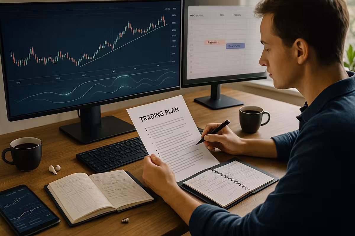 A realistic vertical digital image of a focused trader at a clean, modern desk in natural daylight. The trader reviews a printed 'TRADING PLAN' with a pen in hand, while dual monitors display an options chart and a calendar with blocks for 'Research' and 'Execution.' On the desk: a trading journal filled with handwritten notes, coffee, wireless earbuds, and a tablet showing market news. Calm, well-lit atmosphere symbolizing structure and discipline in trading.