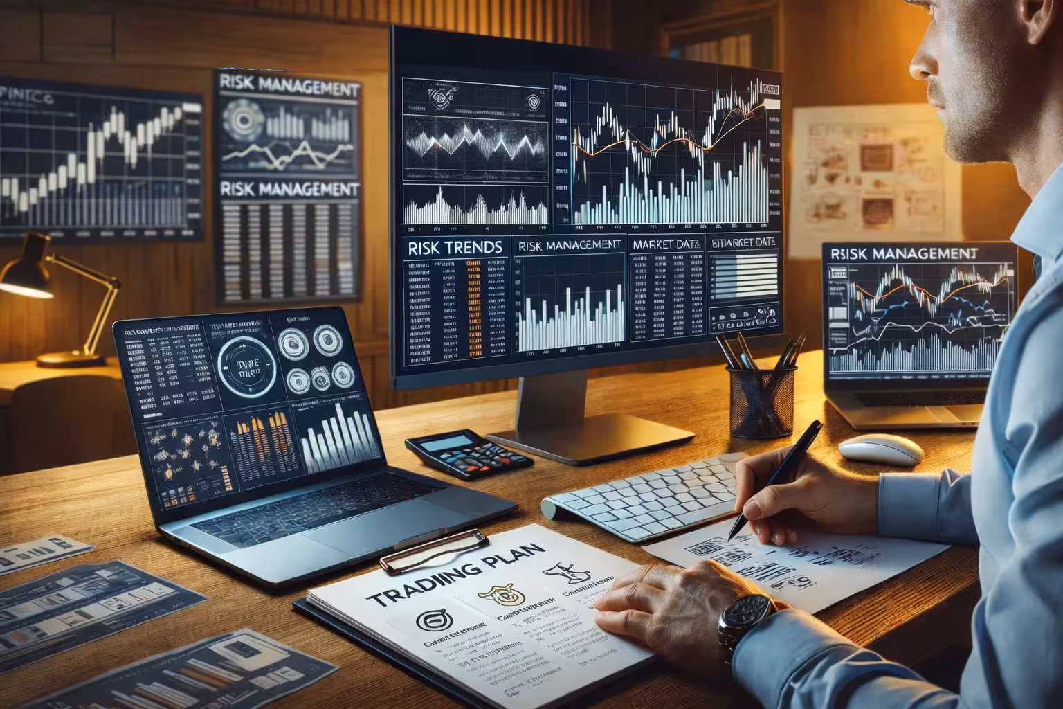 Professional trader developing a trading plan at a modern desk with multiple monitors displaying market charts, risk management data, and performance analytics in a well-lit office environment.