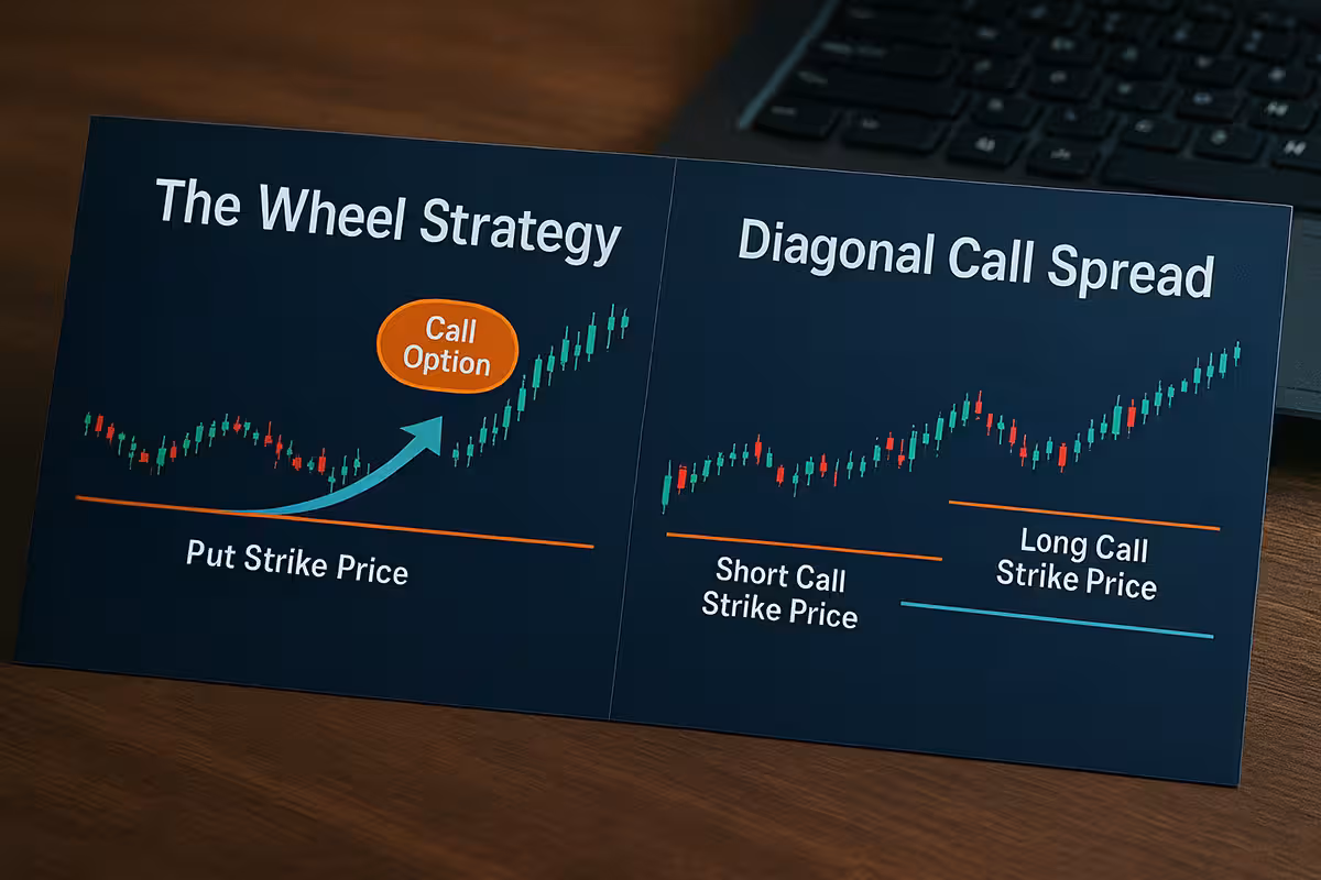 Side-by-side charts of Diagonal Call Spread and the Wheel Strategy with labeled strike prices on a wooden desk.