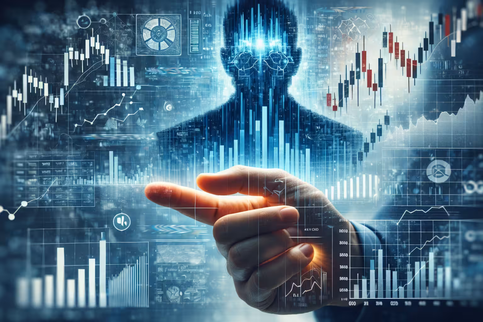 Futuristic AI trading concept with digital human silhouette, financial charts, and hand interacting with stock market data analytics dashboard.