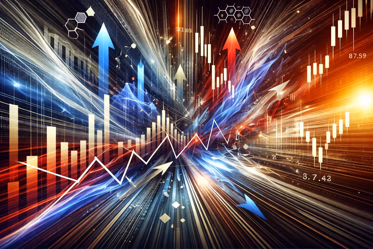 Abstract financial market concept with dynamic stock charts, candlestick patterns, rising and falling arrows, and colorful light streaks representing market volatility, price momentum, and trading activity.