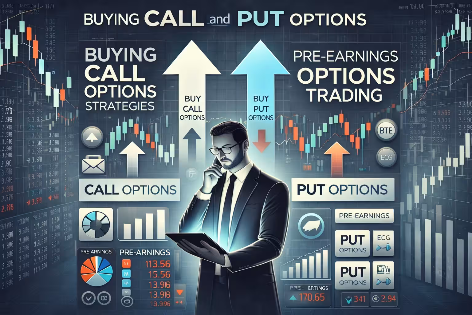 Trader analyzing call and put options strategies with stock charts and pre-earnings market data on a digital trading dashboard.