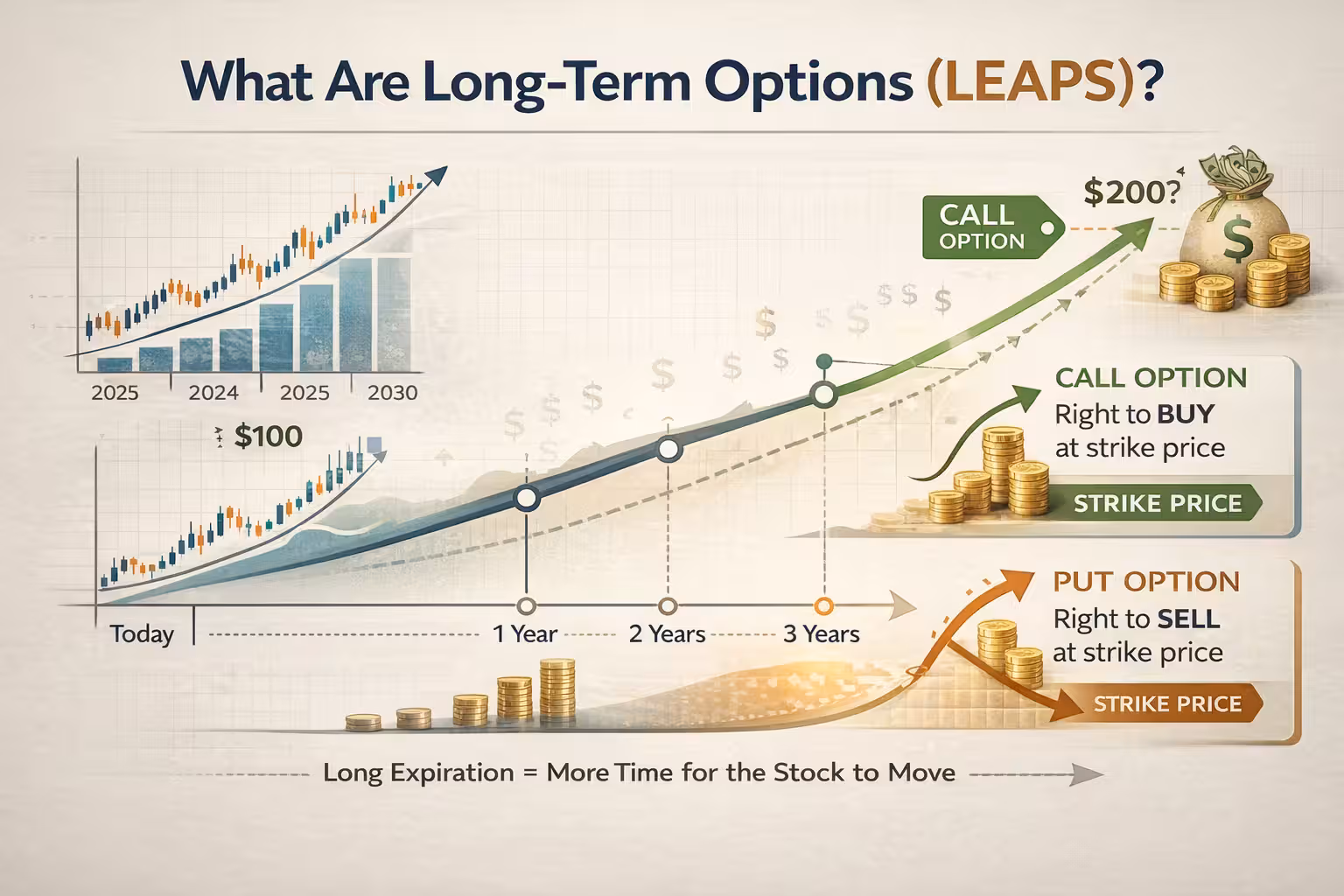 Infographic explaining long-term options (LEAPS) showing call and put options with extended expiration timeline of one to three years.