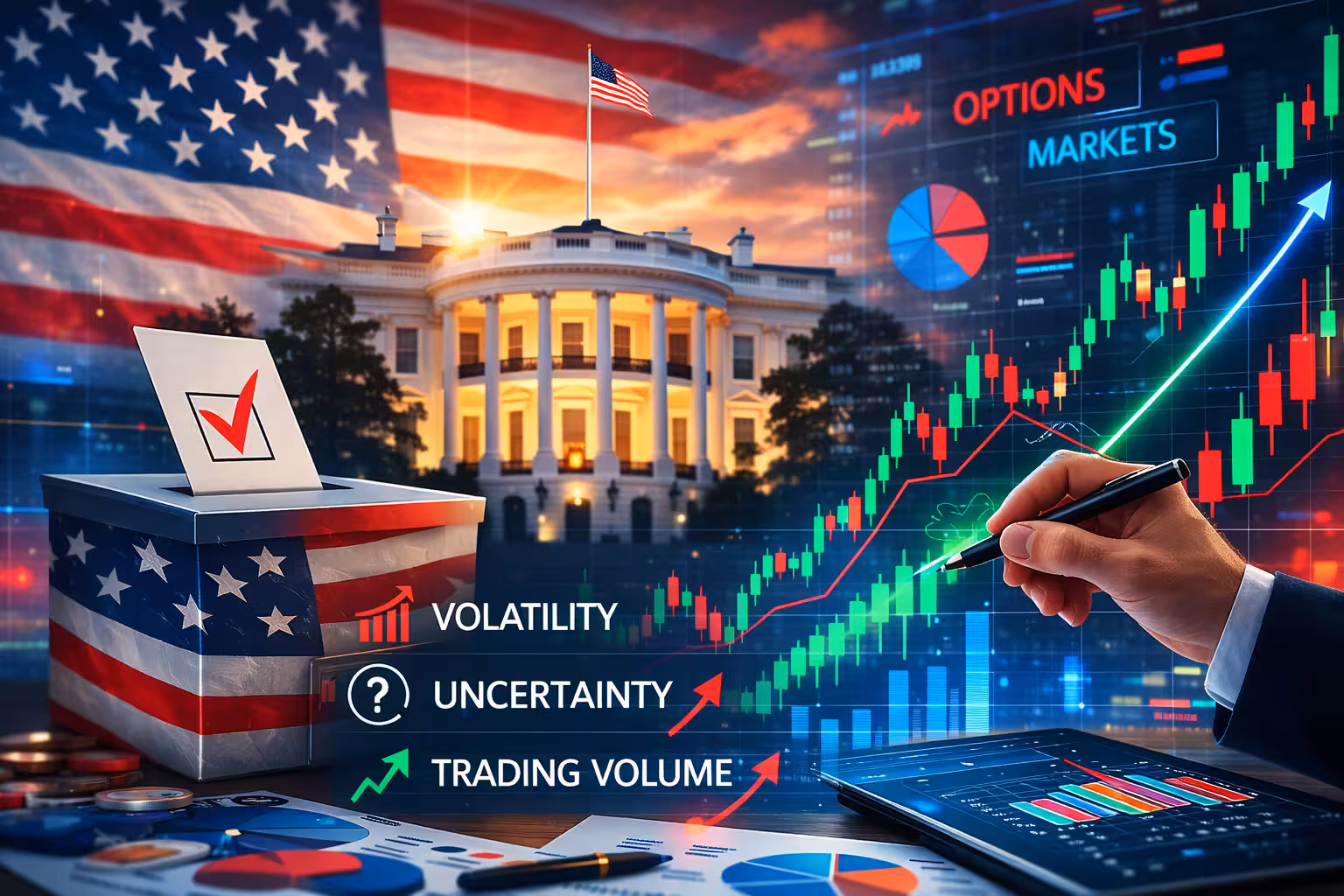 U.S. elections impact on options markets showing volatility, uncertainty, and trading volume with financial charts and ballot box.