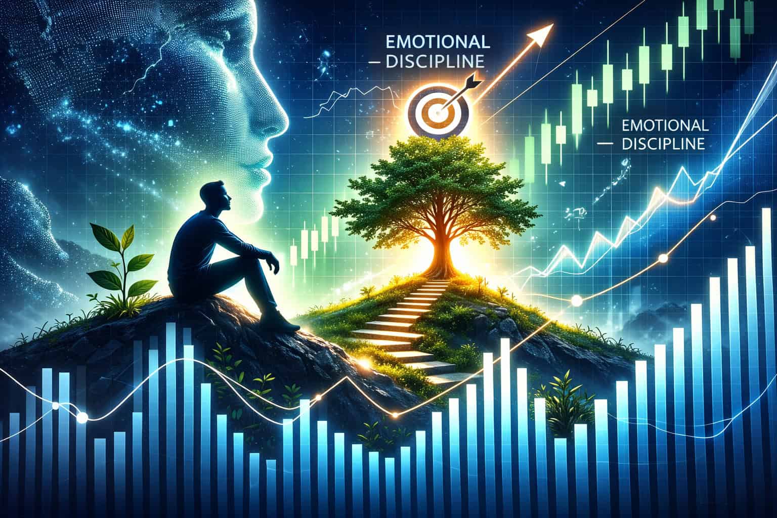 Silhouetted trader sitting on a hill facing a glowing tree and rising stock charts, symbolizing emotional discipline and long-term growth in options trading.