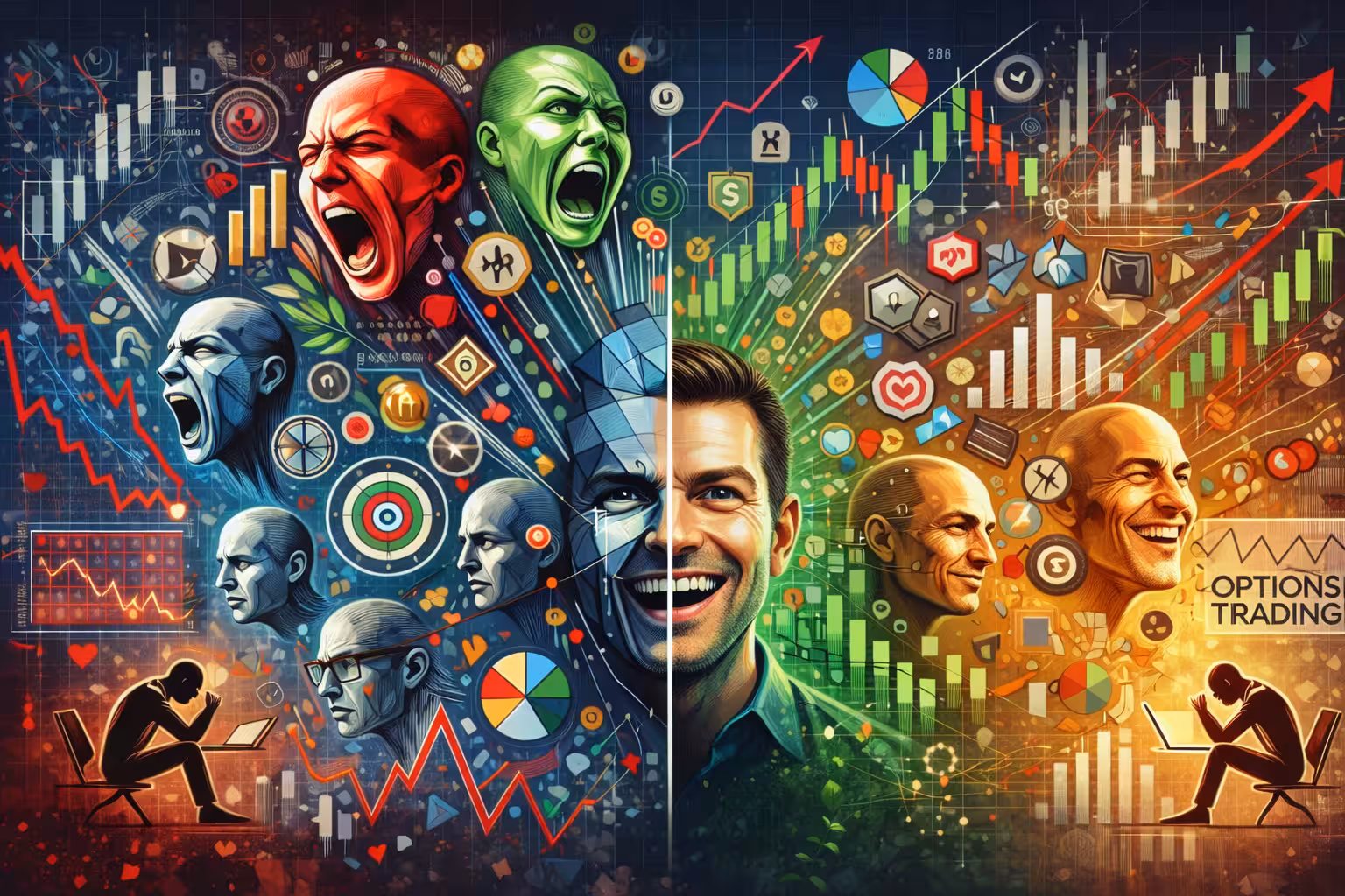 Illustration of emotions in options trading showing fear, greed, and optimism with stock market charts and financial data visuals